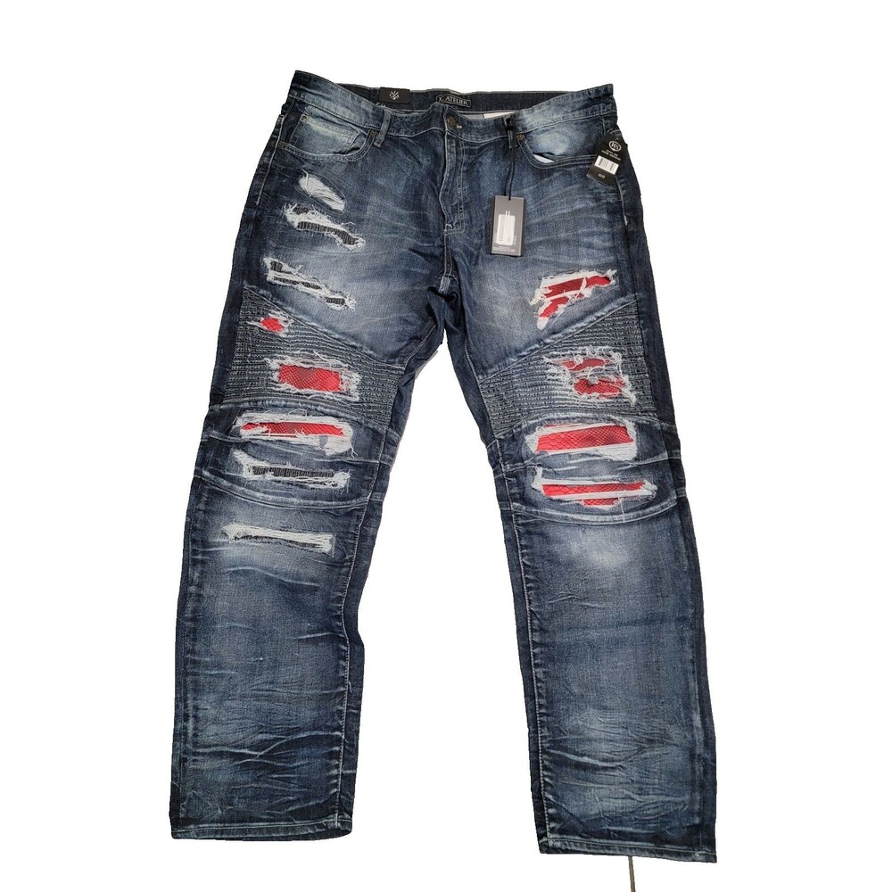 JC Atelier NWT JCA II Jeans Mens 44x32 Blue Denim Red Serpent Distressed Snake